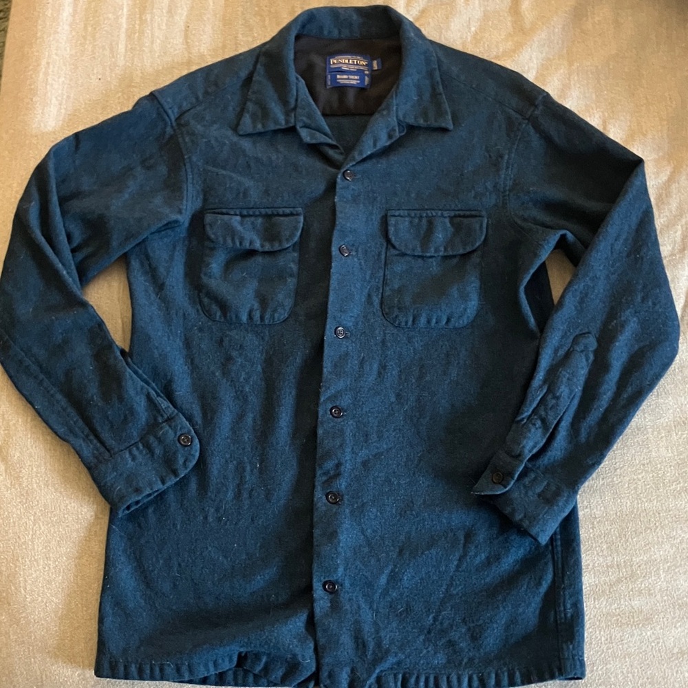 Pendleton Board Shirt Navy Button-Up Shirt 100% Wool Medium Long